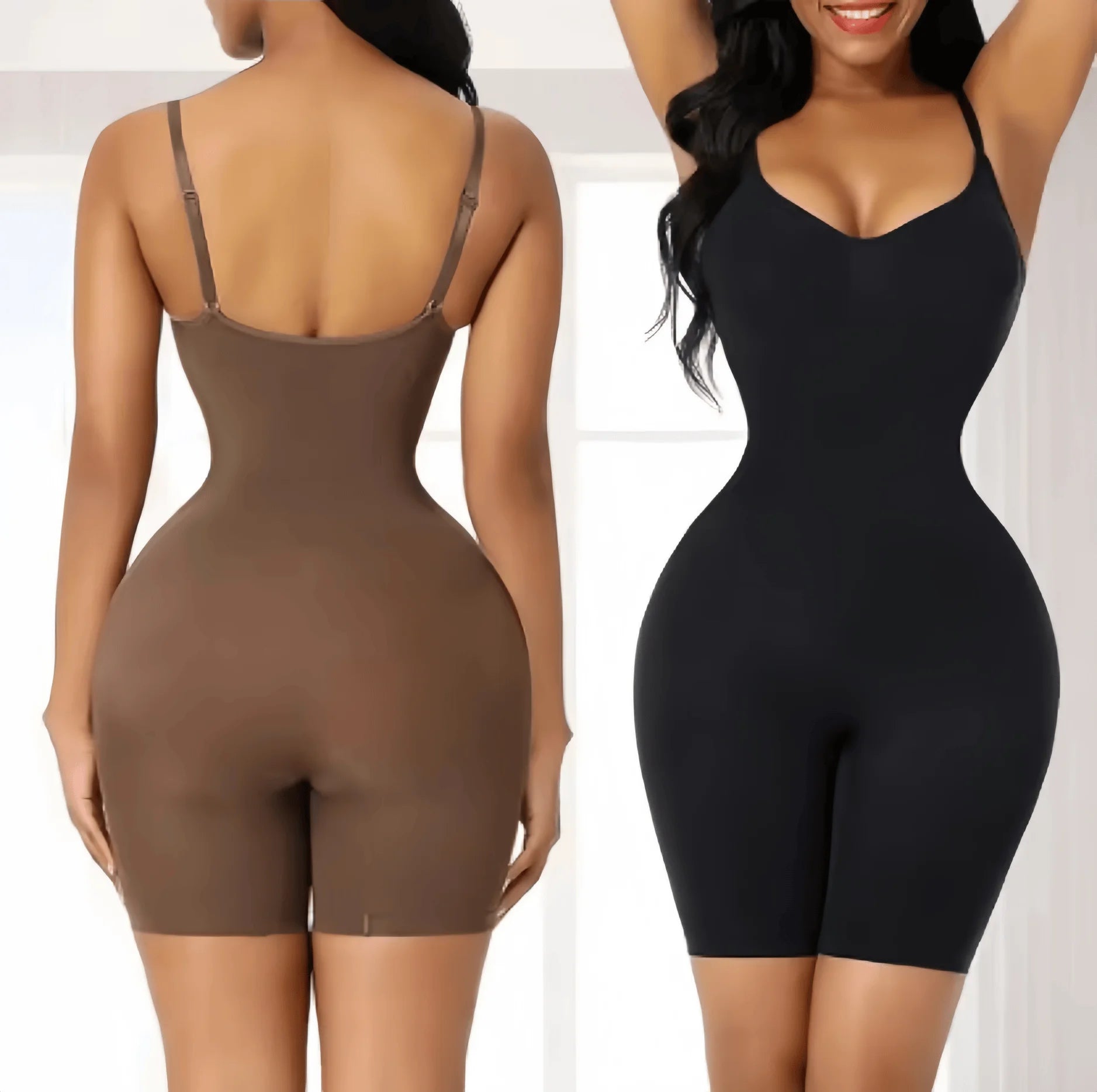 Seamless Medium Control Shapewear Bodysuit for women, featuring a wire-free cupless design and high-waist tummy control. Made from stretchy Nylon-Spandex material for an invisible fit under clothing.