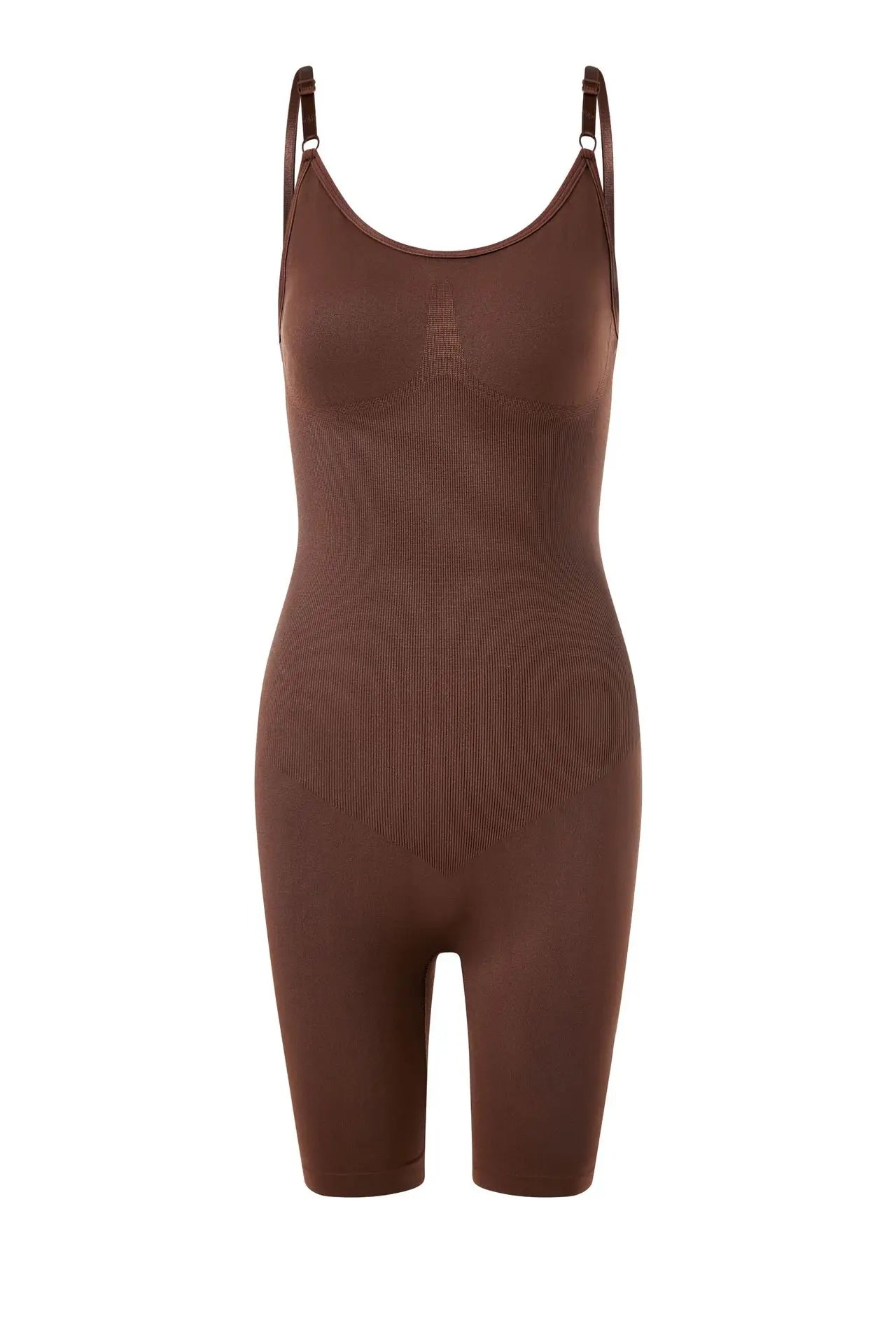 brown Seamless Medium Control Shapewear Bodysuit for women, featuring a wire-free cupless design and high-waist tummy control. Made from stretchy Nylon-Spandex material for an invisible fit under clothing.