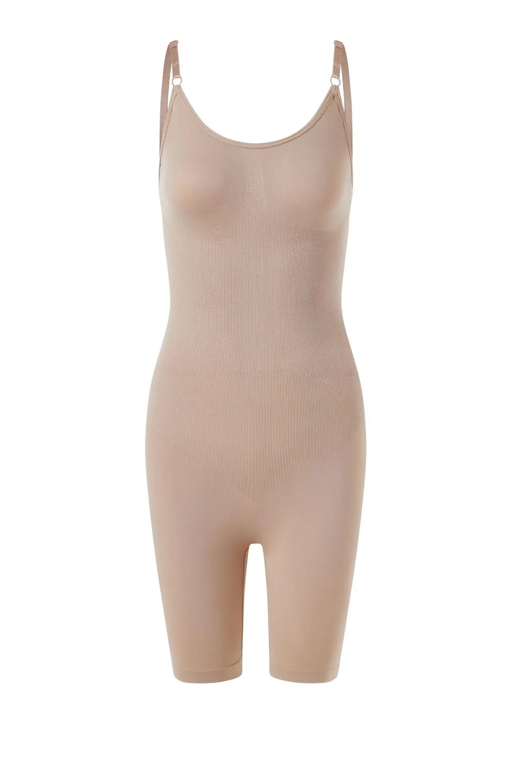 nude Seamless Medium Control Shapewear Bodysuit for women, featuring a wire-free cupless design and high-waist tummy control. Made from stretchy Nylon-Spandex material for an invisible fit under clothing.